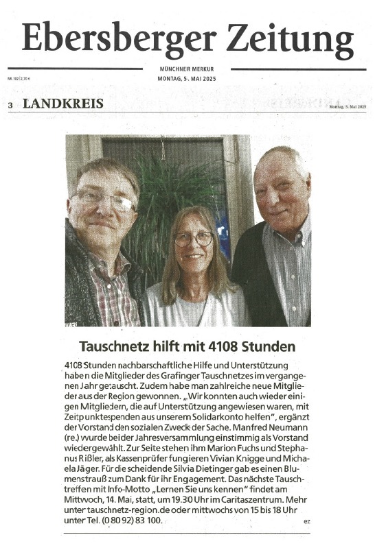 Ebersberger Zeitung berichtet über den neuen Vorstand Tauschnetz Region